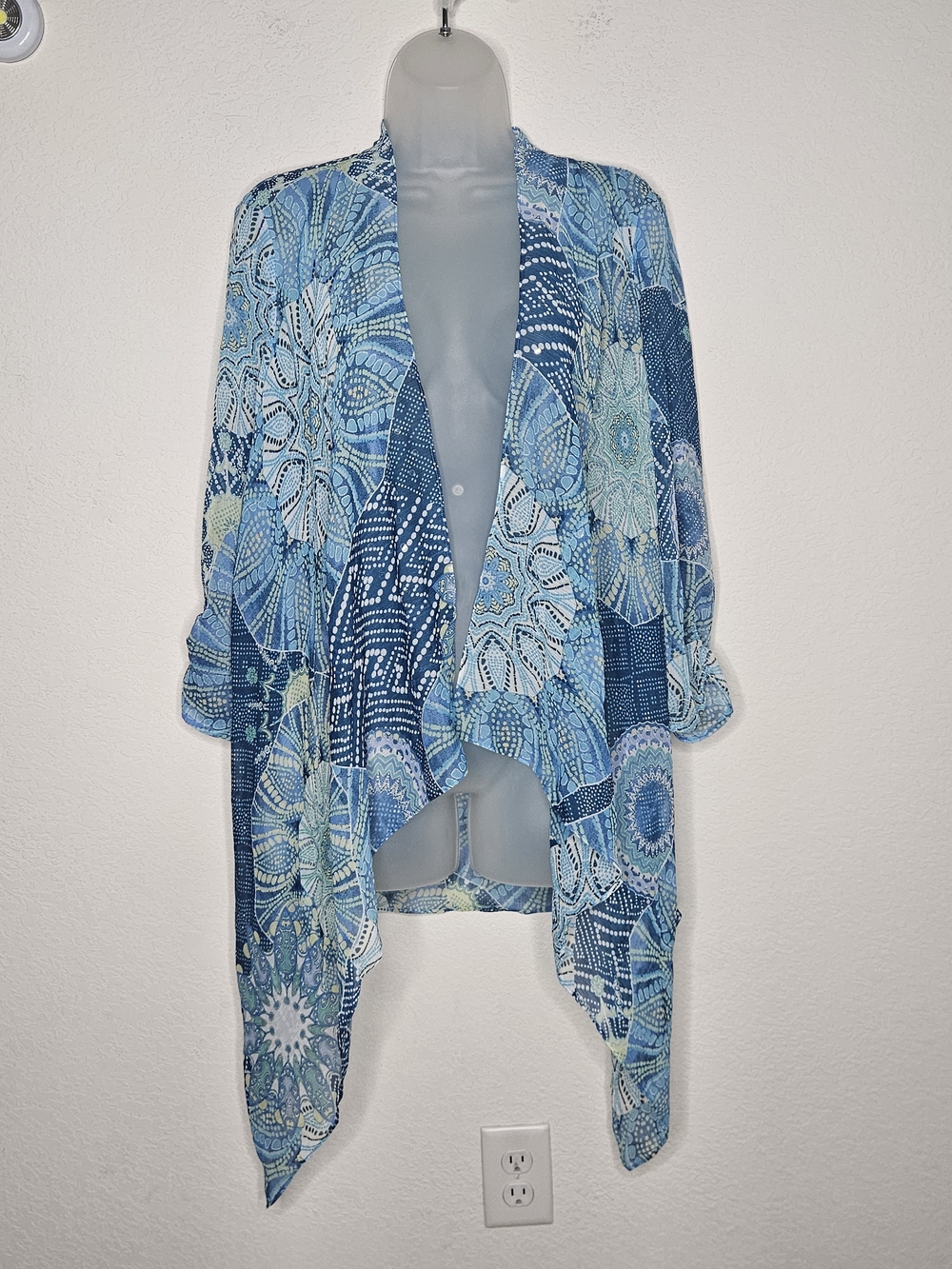 Chico’s Blue Patchwork Print Draped Open Front Kimono Cardigan Size Medium Boho